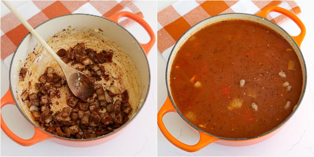 Some of the steps for making ranch style beans. Heat the olive oil over medium-low heat. Add the onion and cook until soft, stirring frequently. Reduce the heat to low and add the garlic, chili powder, cumin, smoked paprika, and dried marjoram. Cook for 1-2 minutes while stirring.