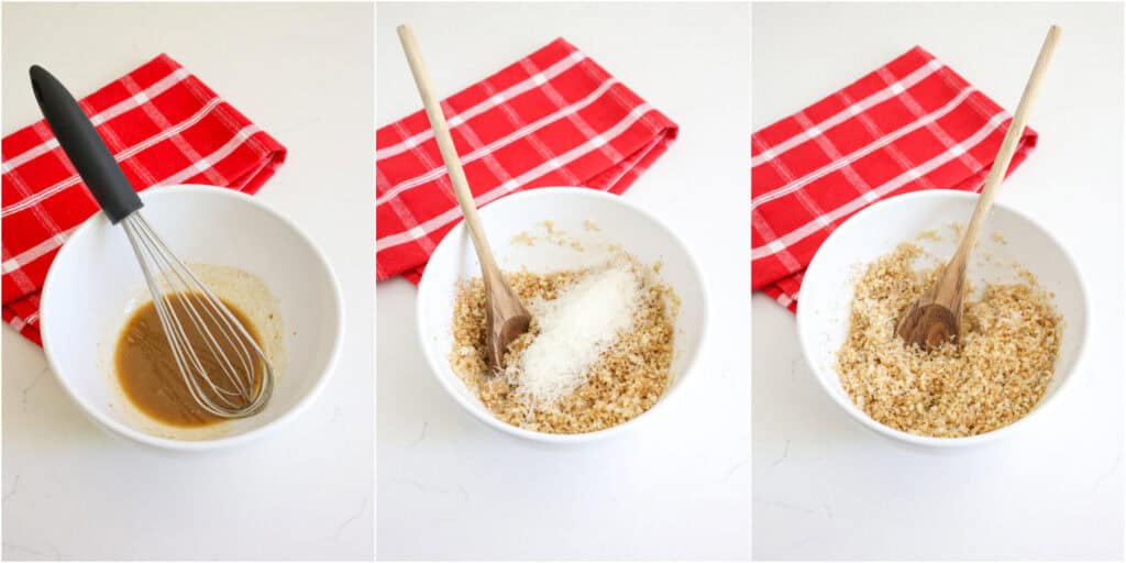 Some of the steps to making cheesy potato casserole. Whisk the melted butter, Worcestershire sauce, and Panko breadcrumbs. Stir in the Parmesan cheese.