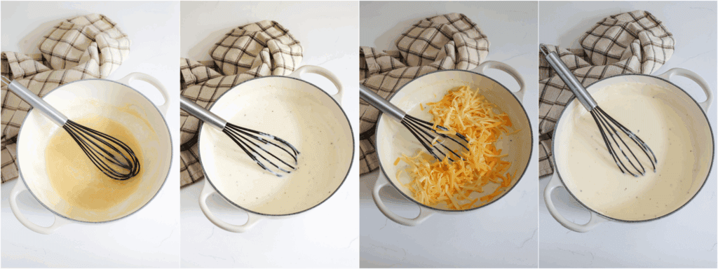 Some of the steps to making au gratin potatoes. melt the butter in a skillet over medium-low heat. Sprinkle in the flour and cook for a couple of minutes while whisking. Slowly whisk in the milk and continue cooking until slightly thickened. Whisk in the cheese in several increments, whisking until melted. 