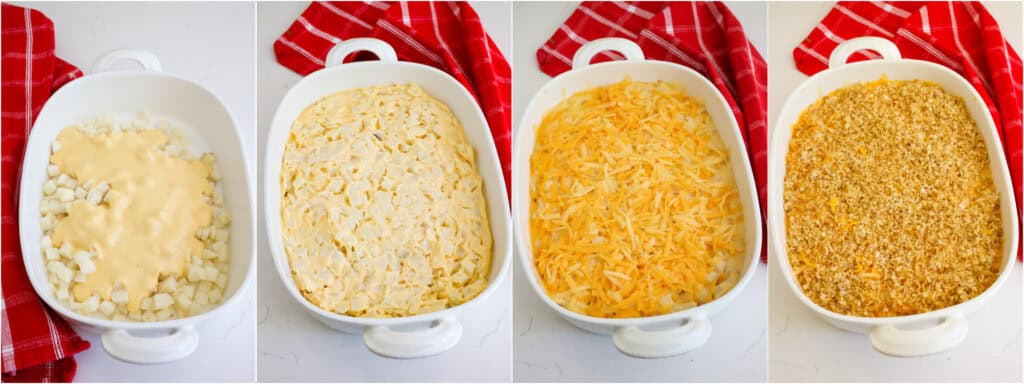 Some of the steps to making cheesy potato casserole. Pour the cheese mixture over the potatoes. Top with the remaining cheese and the breadcrumb mixture. 