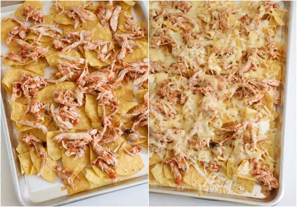 Some of the steps to making chicken nachos. Lay the chips on a parchment paper-lined baking sheet. Spread the chicken over the chips and sprinkle with both kinds of cheese. Bake for about 5 minutes or until the cheese is melted and the chips are hot. 