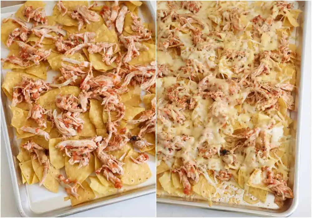 Some of the steps to making chicken nachos. Lay the chips on a parchment paper-lined baking sheet. Spread the chicken over the chips and sprinkle with both kinds of cheese. Bake for about 5 minutes or until the cheese is melted and the chips are hot. 