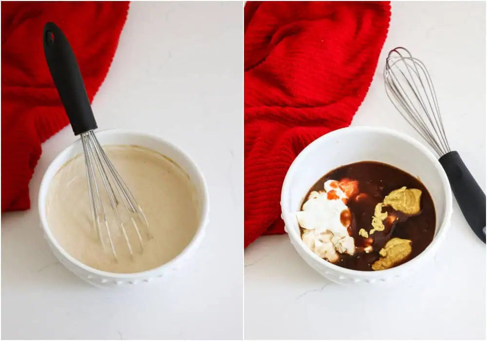 Some of the steps to making cowboy pasta salad. Whisk the mayonnaise, sour cream, barbecue sauce, spicy brown mustard, Worcestershire sauce, and chili sauce in a medium bowl. 