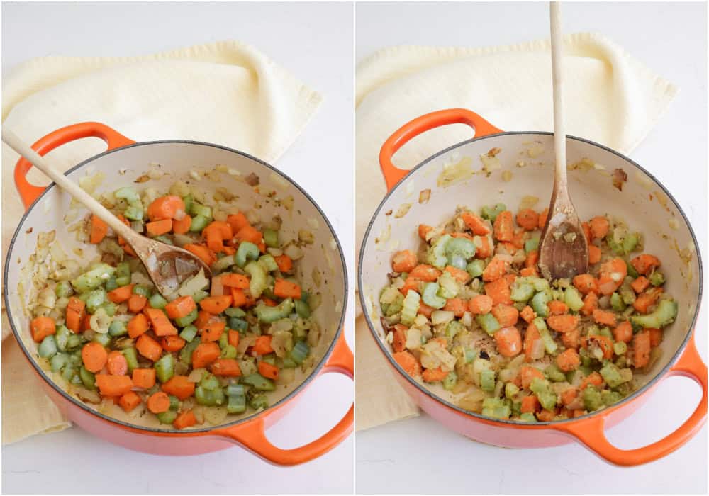 Some of the steps to making chicken corn chowder. Heat the olive oil in a large Dutch oven or soup pot over medium heat. Add the onions, celery, and carrots. Cook, stirring several times, until the onions and celery are soft. Reduce the heat to low and add the garlic, oregano, and cayenne pepper. Cook for a minute while stirring. Sprinkle in the flour and cook while stirring for a couple of minutes. 