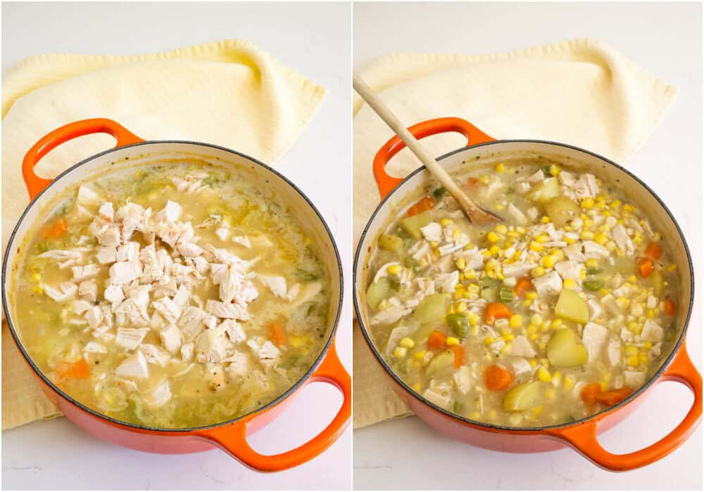 Some of the steps to making corn chowder. Slowly stir in the chicken broth, cooking over medium-low heat until slightly thickened. Bring the mixture to a low boil and add the potatoes, cooking for 7-10 minutes. Add the corn and gently boil for 3-5 minutes. Reduce the heat to low and add the chicken, warming for 1-2 minutes. 