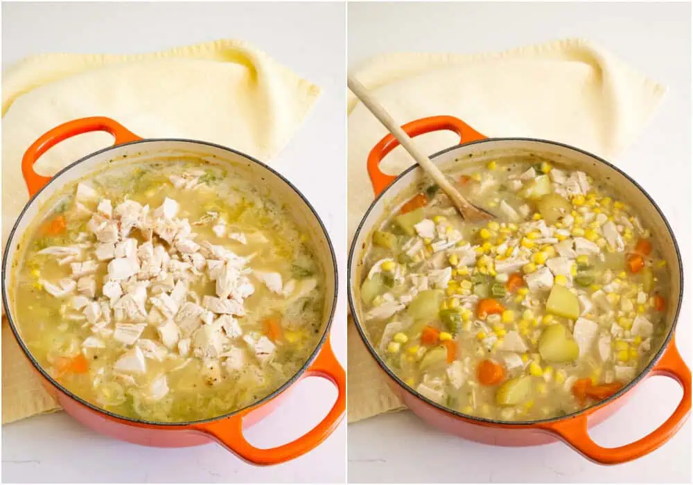 Some of the steps to making corn chowder. Slowly stir in the chicken broth, cooking over medium-low heat until slightly thickened. Bring the mixture to a low boil and add the potatoes, cooking for 7-10 minutes. Add the corn and gently boil for 3-5 minutes. Reduce the heat to low and add the chicken, warming for 1-2 minutes. 