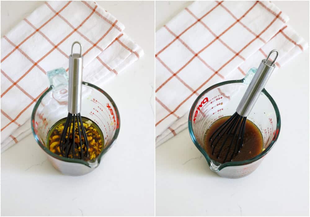 Some of the steps to making grilled pork chops. Whisk the olive oil, soy sauce, rice vinegar, brown sugar, Dijon mustard, garlic, and pepper.