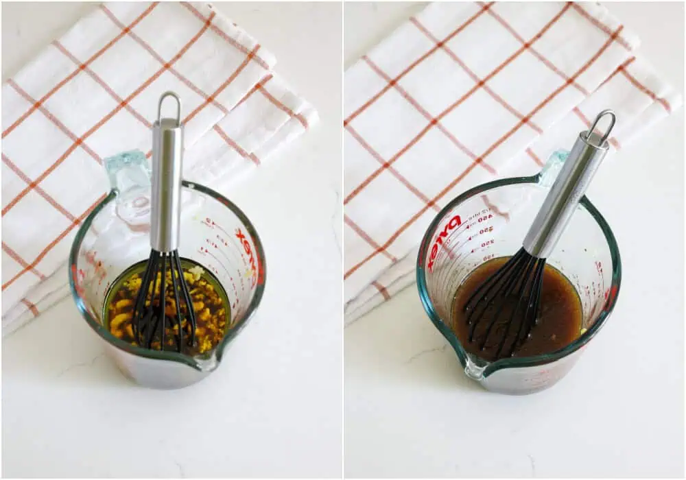 Some of the steps to making grilled pork chops. Whisk the olive oil, soy sauce, rice vinegar, brown sugar, Dijon mustard, garlic, and pepper. 