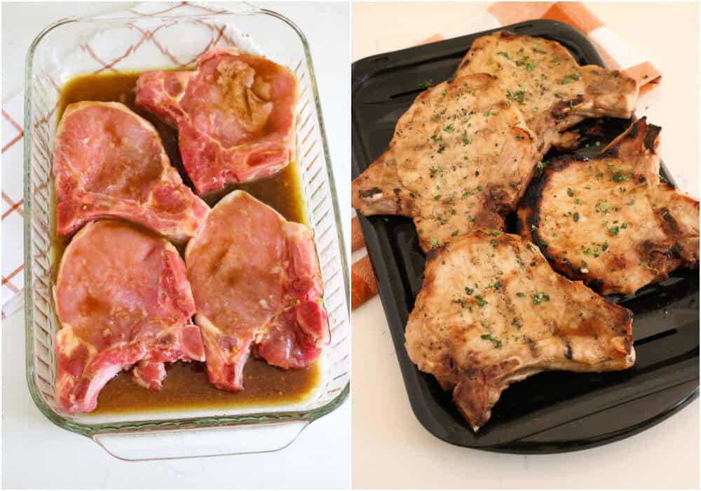 Some of the steps to making grilled pork chops. Place the pork chops in a glass or ceramic dish and pour the marinade over the chops. Marinate 1-3 hours for thin chops and 3-6 hours for thick pork chops. Preheat the grill to medium-high heat, or about 400 degrees. Sear the chops on each side for 2-3 minutes, then move them to indirect heat on the grill and cook until an internal temperature reaches 145 degrees.