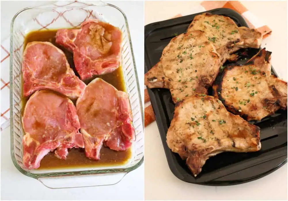 Some of the steps to making grilled pork chops. Place the pork chops in a glass or ceramic dish and pour the marinade over the chops. Marinate 1-3 hours for thin chops and 3-6 hours for thick pork chops. Preheat the grill to medium-high heat, or about 400 degrees. Sear the chops on each side for 2-3 minutes, then move them to indirect heat on the grill and cook until an internal temperature reaches 145 degrees. 