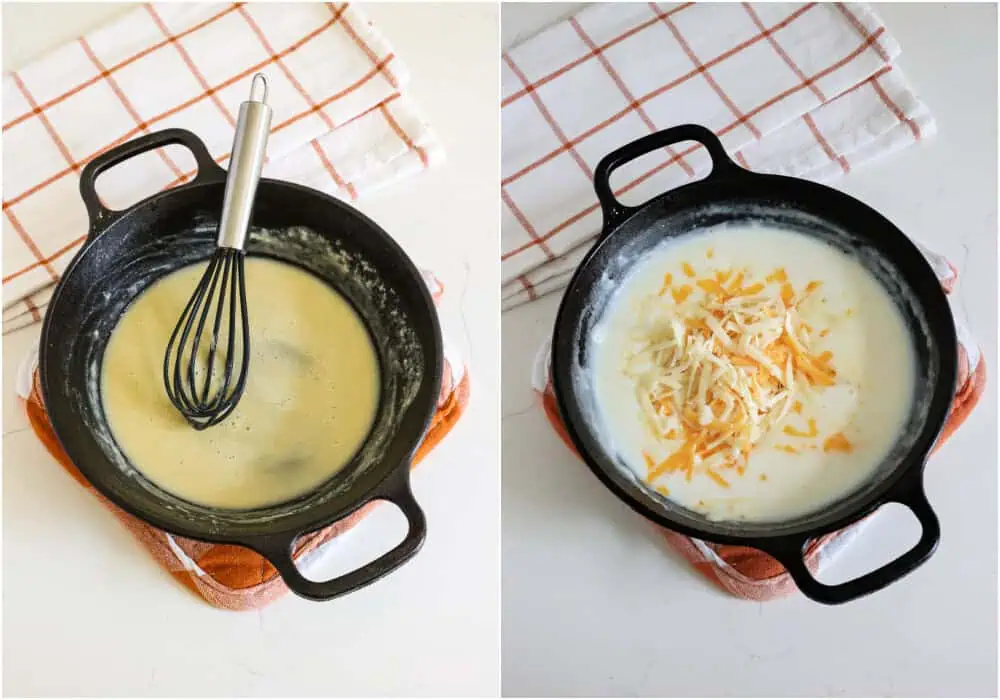 Some of the steps to making cheese dip. Melt the butter in a skillet over medium heat. Whisk in the flour and cook for about 2 minutes whisking constantly. Slowly whisk in the milk and continue cooking over medium heat until thickened. Reduce the heat to low and whisk in the cheddar and pepper jack in several increments. 