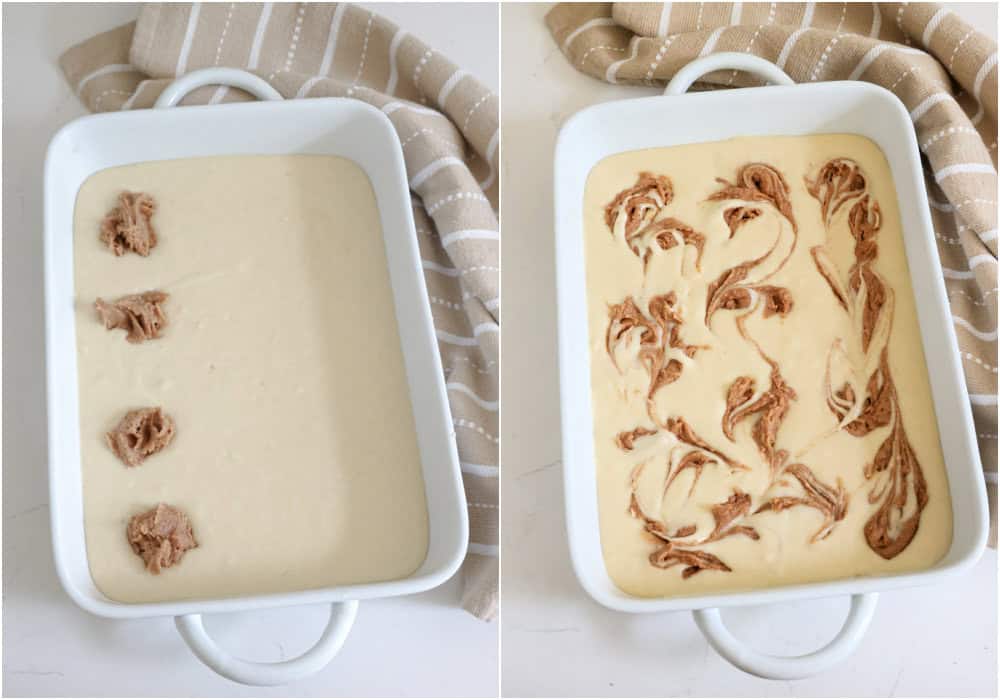 Some of the steps to making a cinnamon roll cake. Drop rounded tablespoonfuls of the cinnamon swirl over the cake batter. Swirl the cinnamon mixture into the cake using a chopstick or the straight end of a narrow wooden spoon.