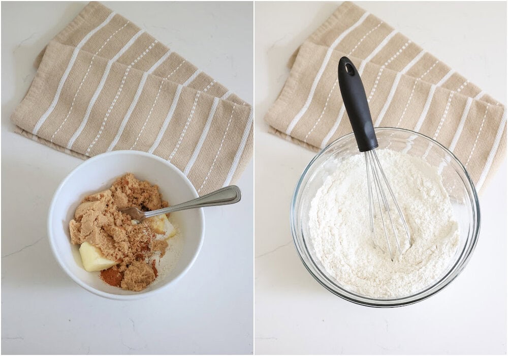 Some of the steps to making a cinnamon roll cake. Mix the softened butter, brown sugar, flour, and cinnamon for the swirl. Whisk the flour, baking powder, salt, and granulated sugar in a large bowl. 