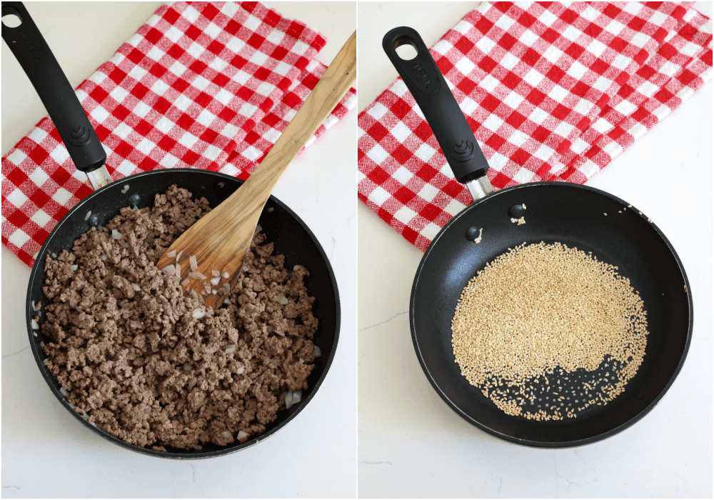 Some of the steps to making Big Mac Salad. Brown the ground beef in a large skillet over medium heat and drain any excess fat. Stir in the Worcestershire sauce, salt, and freshly ground black pepper. In a large, dry skillet over medium-high heat, add the sesame seeds and cook until golden brown and fragrant, shaking the skillet several times.