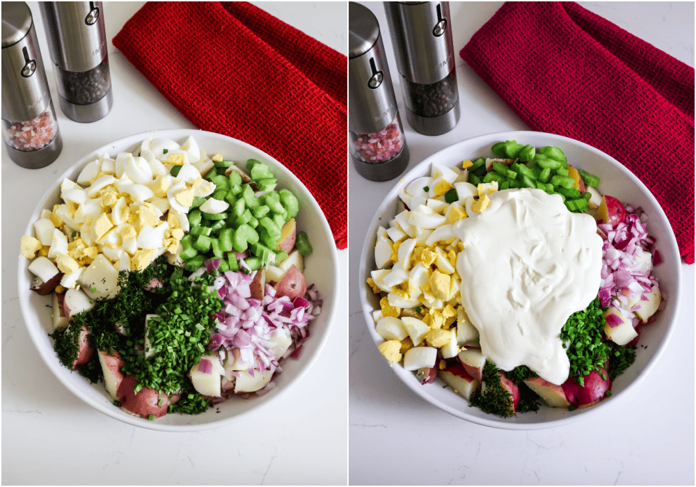Some of the steps to making red potato salad. Add the potatoes, celery, eggs, red onion, dill, and chives to a large bowl. Pour the dressing over the top and toss to coat. 