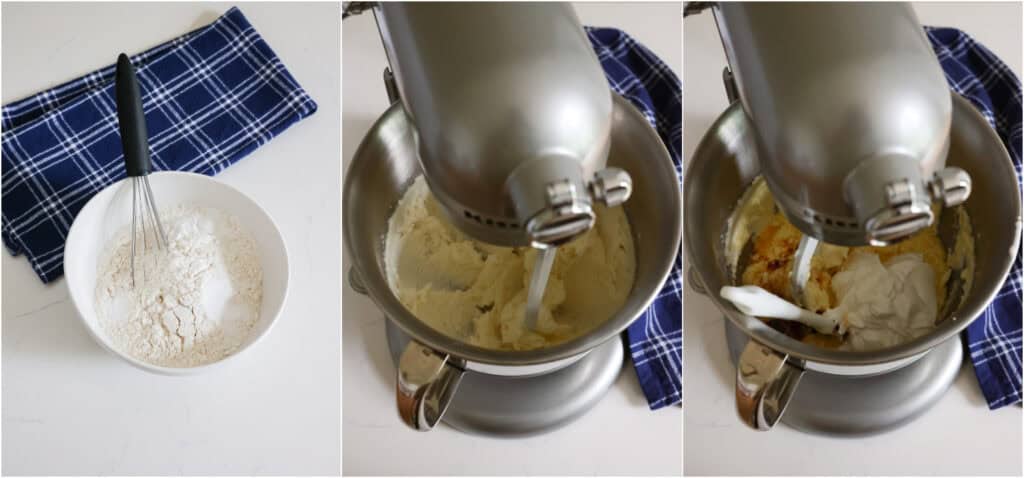Some of the steps to making blueberry cake. Whisk the flour, baking powder, baking soda, and salt in a medium bowl. Using a stand mixer with the paddle attachment or a handheld mixer, on medium speed, cream the butter and sugar. Reduce the speed to low and add the eggs one at a time, mixing for a few seconds after each one or until the yolk breaks and blends. Add the vanilla extract and half the sour cream.