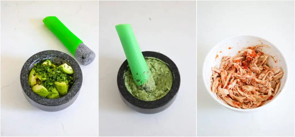 Some of the steps to making chicken nachos. Add the avocados, lemon juice, and cilantro to a bowl if making the guacamole. Smash to desired consistency with a fork or pestle. Add the chicken and salsa to a bowl and stir to coat.