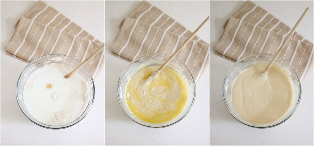 Some of the steps to making cinnamon roll cake. Make a well in the flour mixture and add the eggs, vanilla extract, and milk. Stir to combine while drizzling in the melted butter.