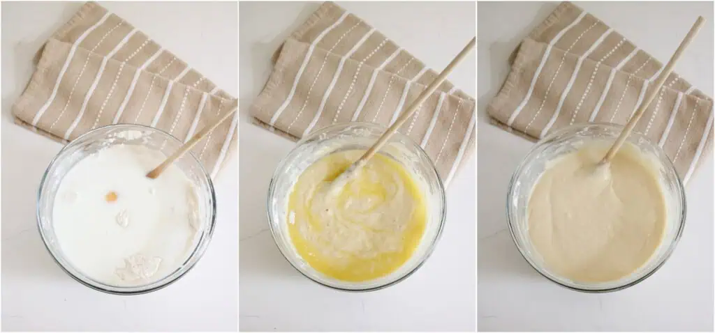 Some of the steps to making cinnamon roll cake. Make a well in the flour mixture and add the eggs, vanilla extract, and milk. Stir to combine while drizzling in the melted butter.