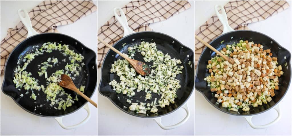 Some of the steps to making stuffed pork chops. Melt a little bit of butter in a large ovenproof skillet over medium heat. Add the onion and celery and cook until tender. Reduce the heat to low and add the garlic, parsley, thyme, rosemary, and apple. Cook for a couple of minutes while stirring. Add a little more butter, bread cubes, salt, and freshly ground black pepper.