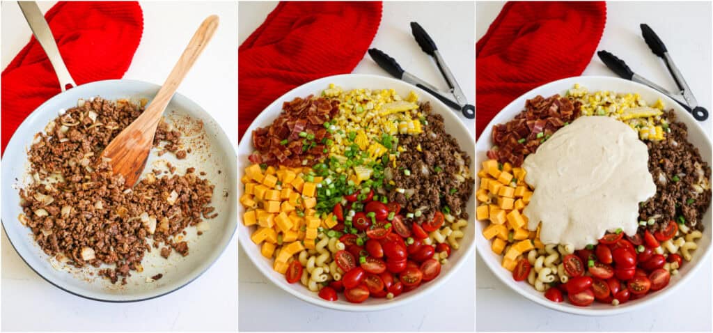 Some of the steps to making cowboy pasta salad. Add the ground beef and cook until it is about halfway browned. Add the onion and cook until the beef is brown and the onion is soft. Reduce the heat to low and stir in the chili powder, ground cumin, and red pepper flakes. Add the drained and cooled pasta, bacon, ground beef mixture, corn, tomatoes, cheddar cheese, and green onion. Pour the dressing over the top and toss to coat.