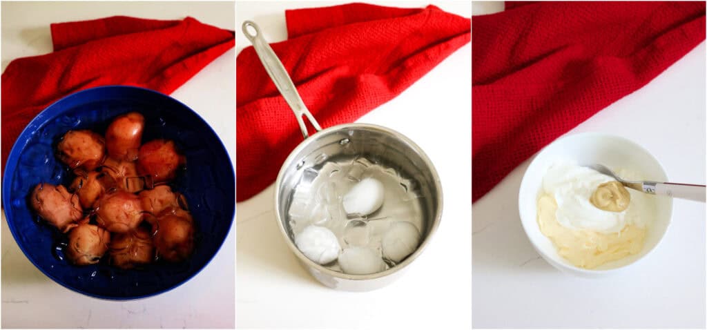 Some of the steps to making red potato salad. Plunge the potatoes and hard-boiled eggs into an ice bath. Mix the mayo, sour cream, and Dijon mustard in a small bowl. 