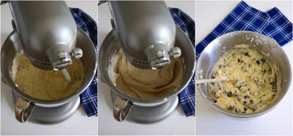 Some of the steps to making blueberry cake. Mix until incorporated on low, scraping down the bowl and beater when needed. Add the flour mixture in two increments, alternating with the remaining sour cream, scraping down the bowl and beater if needed, and mixing just until combined. Remove the bowl from the stand and fold in the blueberries.