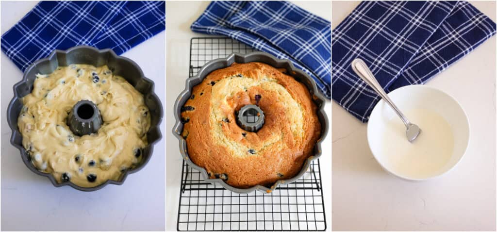Some of the steps to making blueberry cake. Spoon the batter into a well-greased 10-inch bundt pan. Use a rubber spatula to even the batter in the pan. Bake for 1 hour or until a toothpick inserted near the center comes out clean. Let the cake cool for 30 minutes before inverting it. While the cake is cooling, mix the powdered sugar and lemon juice.