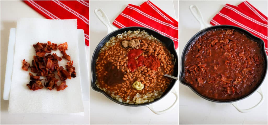 Some of the steps to making baked beans. In a large ovenproof skillet, fry the bacon until crispy. Using a slotted spoon, move it to paper towels to drain. Add the beans, ketchup, barbecue sauce, brown sugar, mustard, and smoked paprika. Bake uncovered for about 30 minutes.