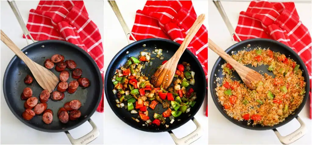 Some of the steps to making sausage and rice. Heat a tablespoon of olive oil in a skillet over medium heat. Add the sausage and brown on both sides. Remove the sausage to a plate. Add another tablespoon of olive oil to the skillet over medium heat if needed. Then, add the onion and cook for 2-3 minutes, stirring occasionally. 
Add the bell peppers and cook for 5 minutes or until the onions and peppers are soft. Reduce the heat to low and add the garlic, smoked paprika, basil, thyme, oregano, and marjoram, cooking for 1 minute while stirring. Add the rice to the skillet and cook over medium heat for 2 minutes, stirring constantly.