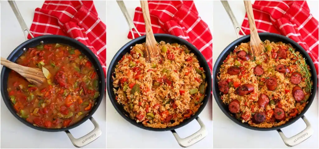 Some of the steps to making sausage and rice. Add the bay leaves, chicken broth, and fire-roasted diced tomatoes. Bring the mixture to a boil, then reduce to low, cover, and simmer for 20 minutes or until the rice is tender. Remove the skillet from the heat and let it rest covered for 5-10 minutes. Remove the bay leaves. Fluff the dish with a fork and season with salt and freshly ground black pepper to taste. Garnish with fresh thyme or parsley.