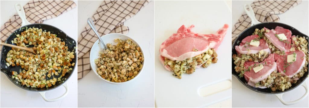 Some of the steps to making stuffed pork chops. Stir to combine and drizzle in the chicken broth while stirring to moisten the bread cubes. Remove the stuffing to a bowl or let it cool in the pan. Stir the beaten egg into the stuffing mix. Cut a pocket into the pork chops using a sharp knife. Fill the pocket with the stuffing mixture. Place the chops in the ovenproof skillet or the baking dish.