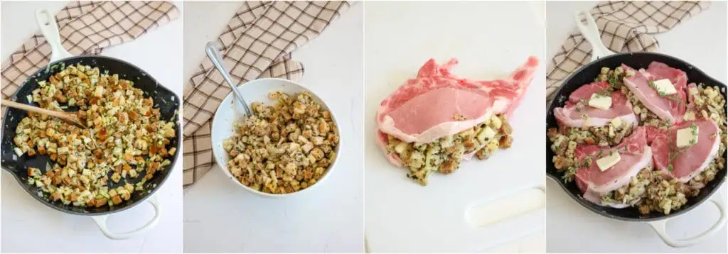 Some of the steps to making stuffed pork chops. Stir to combine and drizzle in the chicken broth while stirring to moisten the bread cubes. Remove the stuffing to a bowl or let it cool in the pan. Stir the beaten egg into the stuffing mix. Cut a pocket into the pork chops using a sharp knife. Fill the pocket with the stuffing mixture. Place the chops in the ovenproof skillet or the baking dish. 