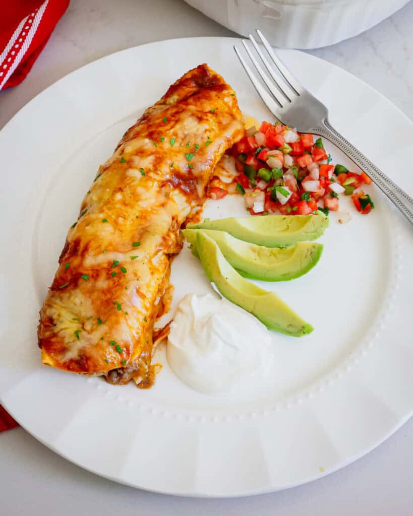A beef enchilada, Pico de Gallo, avoado, and sour cream on a white serving plate. 