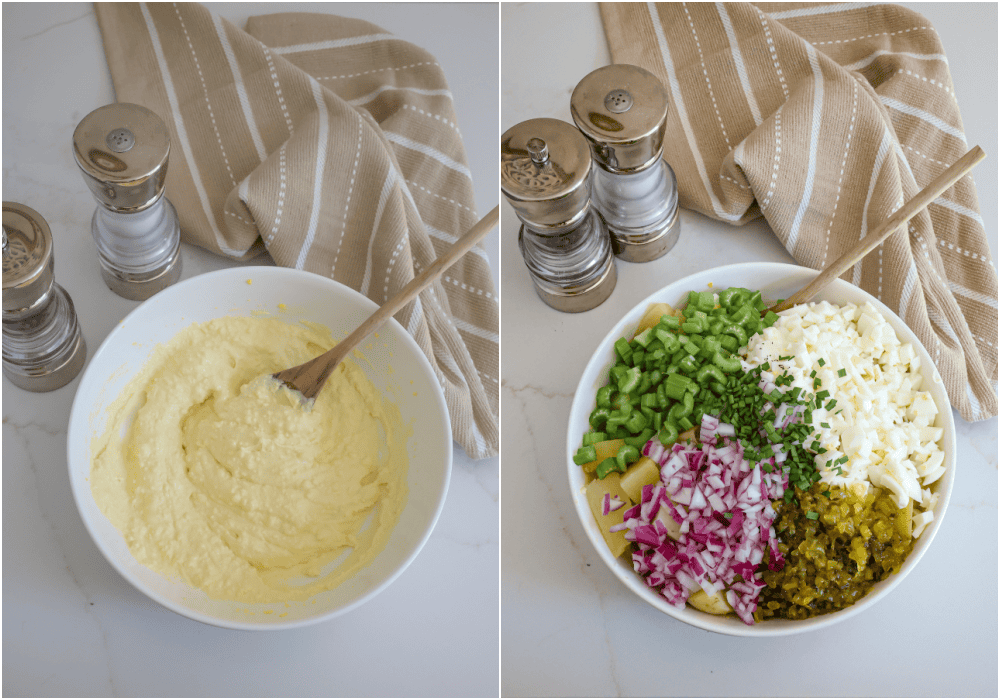 Some of the steps to making deviled egg potato salad. Stir until combined and relatively smooth. Add the potatoes, celery, red onion, pickle relish, chopped eggs, and chives to the bowl. Gently stir everything together.