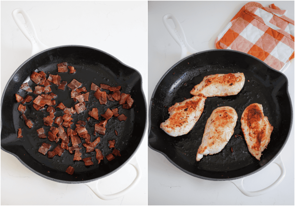 Some of the steps to making chicken bacon ranch pasta. Brown the bacon in a large skillet over medium heat. Drain on paper towels. Cook the chicken breasts in the residual bacon grease until golden brown and cooked through.