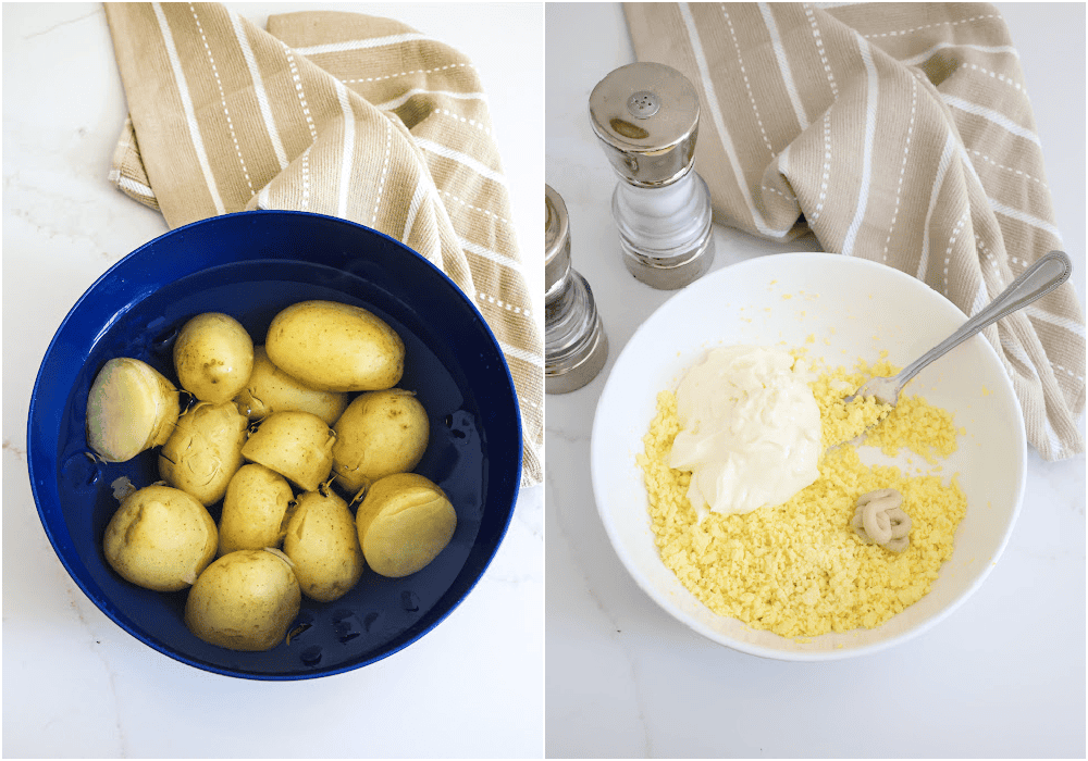 Some of the steps to making deviled egg potato salad. Carefully plunge the eggs into an ice bath. Peel and slice the hard-boiled eggs in half. Remove the yolks to a large bowl and mash them with a fork. Chop the egg whites and set them aside for a few minutes.  Add the mayonnaise, Dijon mustard, and apple cider vinegar to the bowl with the mashed yolks.  
