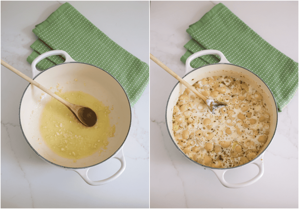 Some of the steps to making broccoli pasta. Melt the butter in a large pot over medium-low heat. Add the garlic and Italian seasoning and cook for a minute while stirring continuously. Increase the heat to medium and add the chicken broth, milk, heavy cream, salt, and black pepper. Bring the pot to a boil and add the pasta.