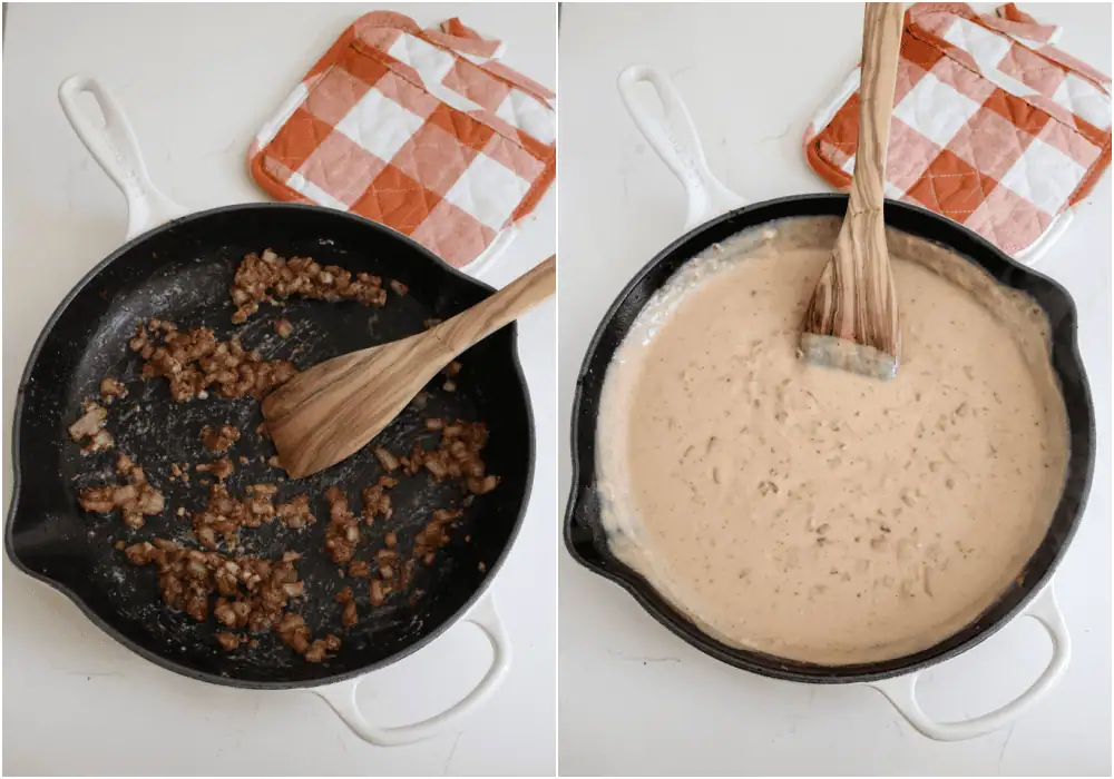 Some of the steps to making chicken bacon ranch pasta. Add the onion and cook until tender. Reduce the heat to low and add the garlic, cooking for a minute while stirring. If needed, add a little fat to the pan. You need two tablespoons of fat left in the pan. Sprinkle the onions with the flour and cook over low heat for two minutes. Slowly stir in the milk and cook over medium-low heat until thickened. Stir in the cheese until melted.