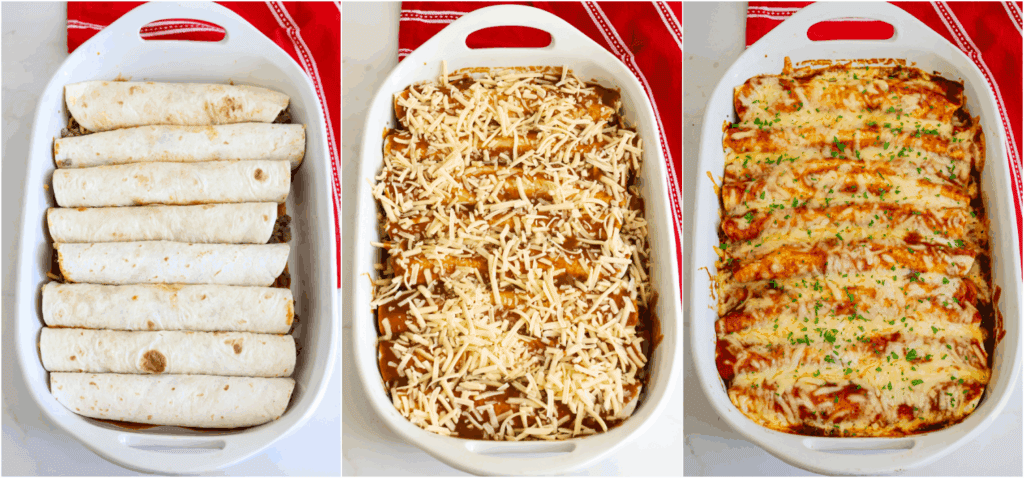 Some of the steps to making beef enchiladas. Repeat the steps until all the tortillas are rolled. Top with the remainder of the enchilada sauce and Mexican cheese blend. Bake uncovered for about 20 minutes or until the enchiladas are heated through and the cheese is melted.
