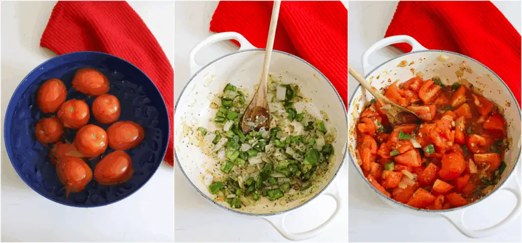 Some of the steps for making stewed tomatoes. Score the tomatoes on the non-stem end and blanch for 30-60 seconds. Plunge them into an ice bath to stop the cooking process. Using your hands, peel the tomatoes. Saute the vegetables in a little olive oil over medium heat. Reduce the heat to low and add the garlic and dried herbs, cooking for 1 minute while stirring. Then add the tomatoes, salt, black pepper, brown sugar, and bay leaves.