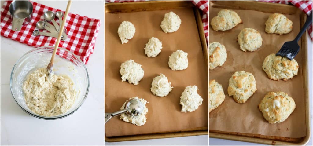 Some of the steps for making  drop biscuits. Slowly stir in the milk. The dough will be sticky and shaggy. Using a 3-tablespoon cookie scoop, place the dough mounds on a parchment paper-covered baking sheet. Bake for 15-17 minutes or until golden brown. 