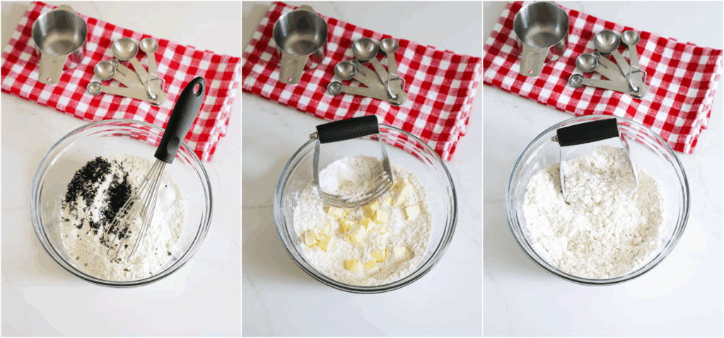 Some of the steps for making  drop biscuits. Whisk the flour, baking powder, baking soda, salt, and fresh herbs in a large bowl. Using a pastry cutter, cut in the butter until it resembles crumbles with pea-sized pieces of butter. 