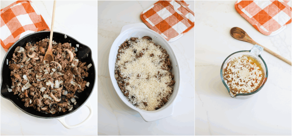 Some of the steps to making ground beef and rice casserole. Brown the ground beef in a large skillet over medium heat. About a third to halfway through the browning process, add the onions and mushrooms. Continue cooking until the beef and mushrooms are brown and the onions are soft. Reduce the heat to low and add the garlic, Italian seasoning, salt, and black pepper. Cook for 1 minute while stirring.

If using an ovenproof skillet, sprinkle the rice over the beef mixture. If not transfer the hamburger mixture to a 2 1/2-3 quart greased casserole dish. Heat the beef broth on the stovetop or in the microwave. Stir in the butter and the vinegar.