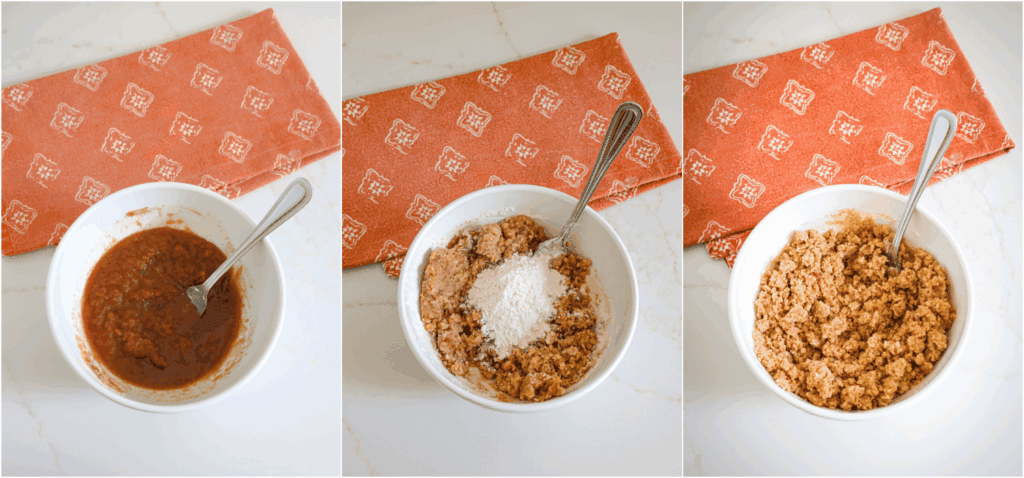 Some of the steps to making pumpkin coffee cake. Use a fork to stir the brown sugar, granulated sugar, ground cinnamon, salt, and butter in a medium bowl. Add the flour in two increments, stirring until large crumbs form.