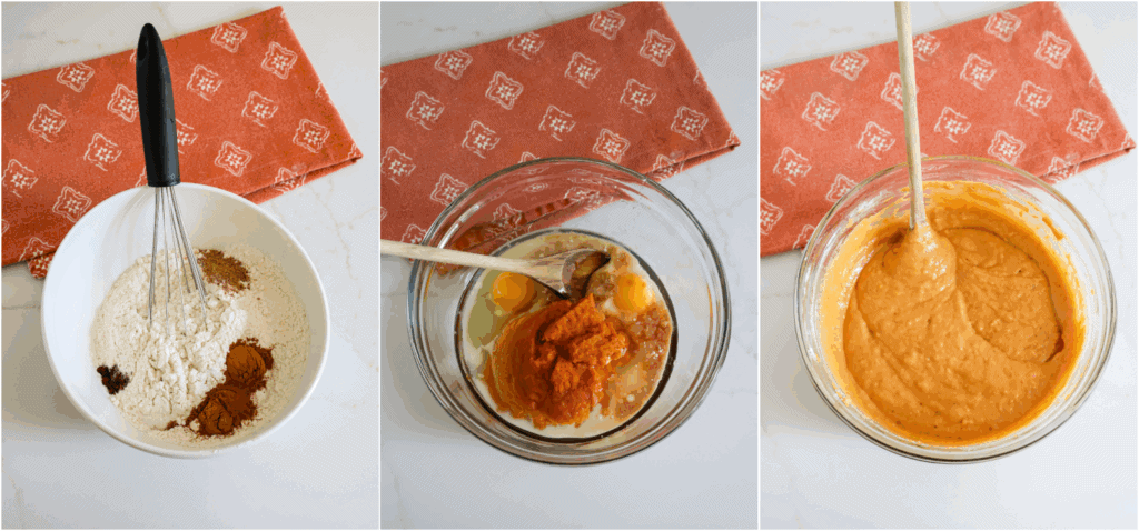 Some of the steps to making pumpkin coffee cake. Whisk the flour, baking powder, baking soda, salt, cinnamon, nutmeg, and ground cloves in a medium bowl. Combine the pumpkin puree, granulated sugar, eggs, vegetable oil, milk, and vanilla extract in a large bowl. Add the flour mixture to the pumpkin mixture in a couple of increments, stirring just until combined.