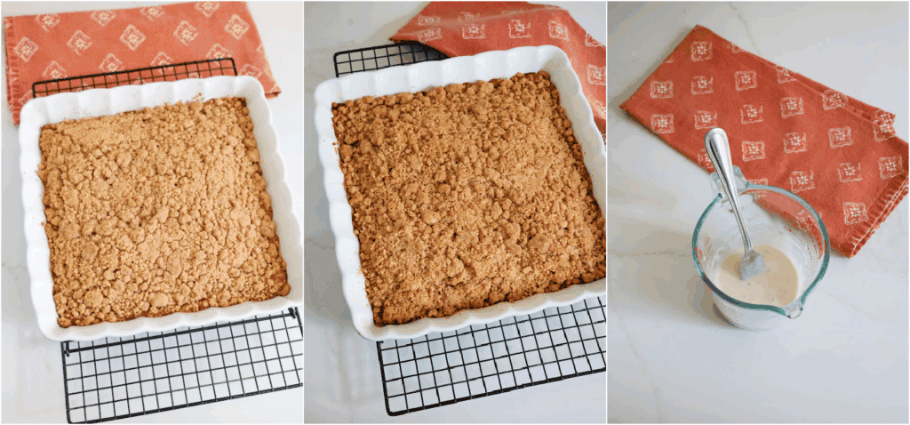 Some of the steps to making pumpkin coffee cake. Evenly sprinkle the crumbs over the cake and gently press them slightly into the cake. Bake for about 35 minutes or until a toothpick inserted in the center comes out with no wet batter. Stir the powdered sugar, milk, maple syrup, and a pinch of cinnamon.