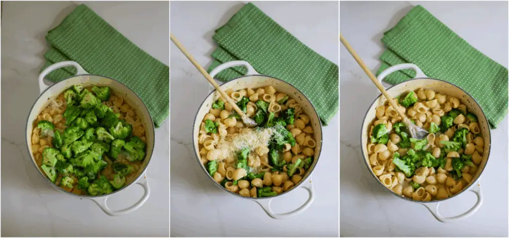 Some of the steps to making broccoli pasta. Add the broccoli and cover with the lid to steam. Cook for 3-4 minutes or until the pasta is tender and the broccoli is crisp-tender. Stir in the Parmesan cheese until melted.