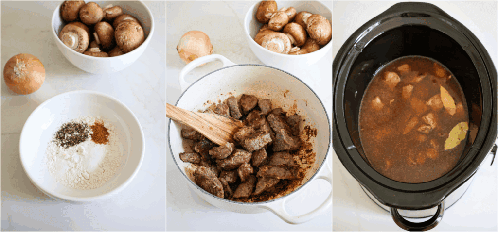 Some of the steps to making beef tips and gravy. Combine the flour, salt, black pepper, and garlic powder in a bowl. Dredge the beef pieces through the flour mixture. Sear it in hot oil over medium heat. Work in small batches so as not to overcrowd the pan. Add the seared beef, beef broth, French onion soup, Worcestershire sauce, and bay leaves to the crockpot.