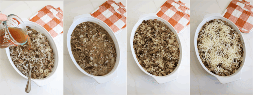 Some of the steps to making ground beef and rice casserole. Pour the broth mixture over the rice and seal the dish with aluminum foil. Bake for 30-35 minutes or until the rice is tender. Leave the rice covered for an additional 10 minutes. Remove the foil and sprinkle evenly with the cheese.